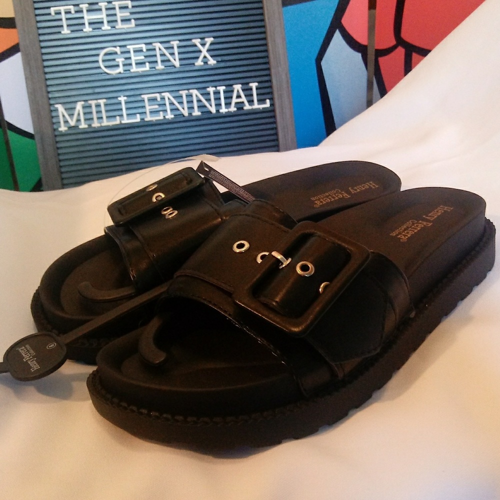 SOLD  Henry Ferrera Black Buckle Slide Sandals 6